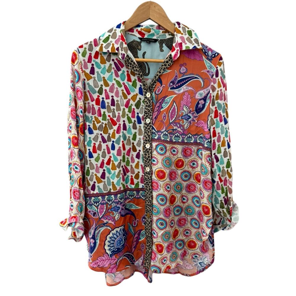 John Mark Mixed Print Buttun Front Roll Tab Sleev… - image 2